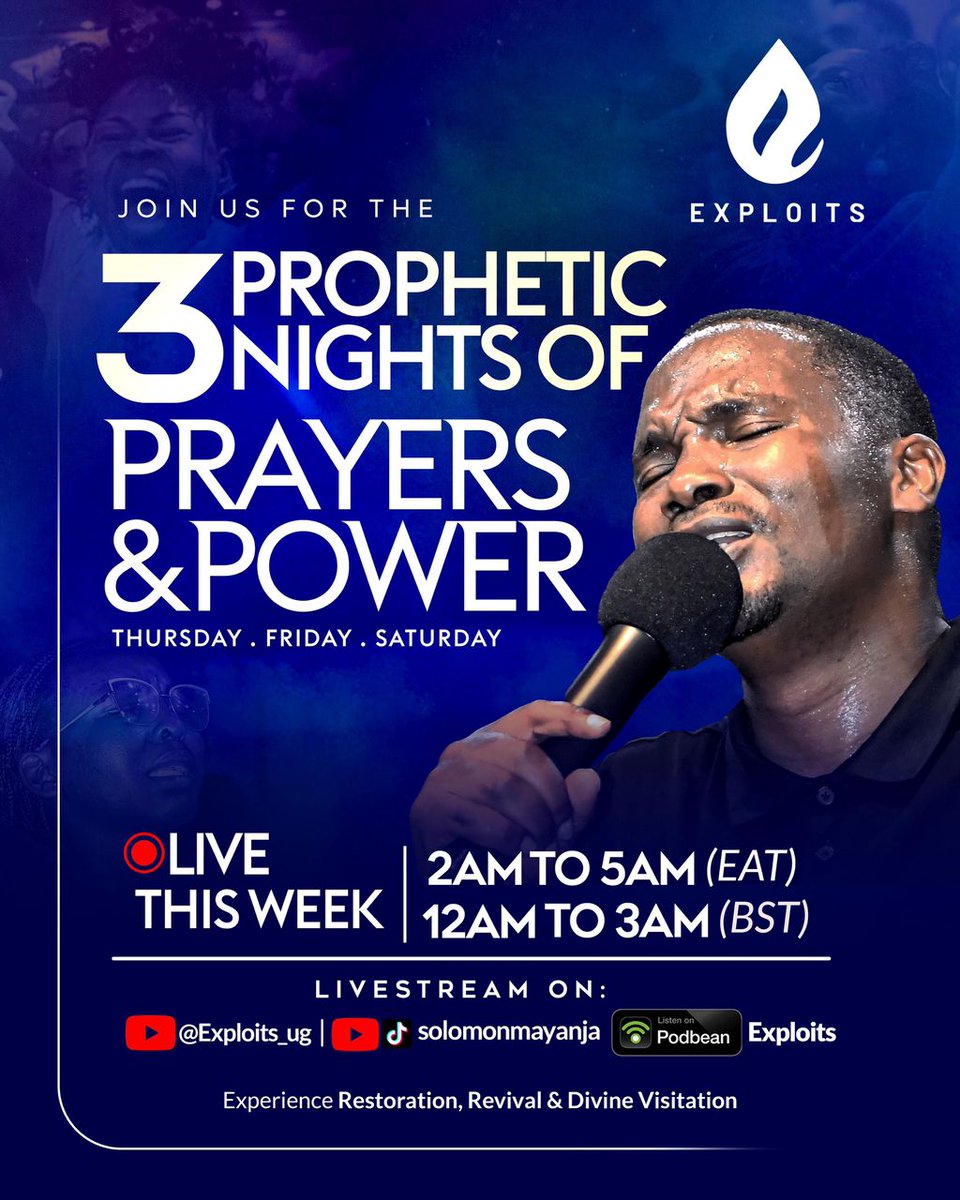 exploitsug's tweet image. We’re excited to announce that the 3 Prophetic Nights of Prayer and Power are back this weekend, starting this Thursday 23rd October all the way until Saturday 25th October! 🔥🙌🏾
Join live on Podbean, YouTube, and Instagram for an unforgettable move of God!
Share the good news!