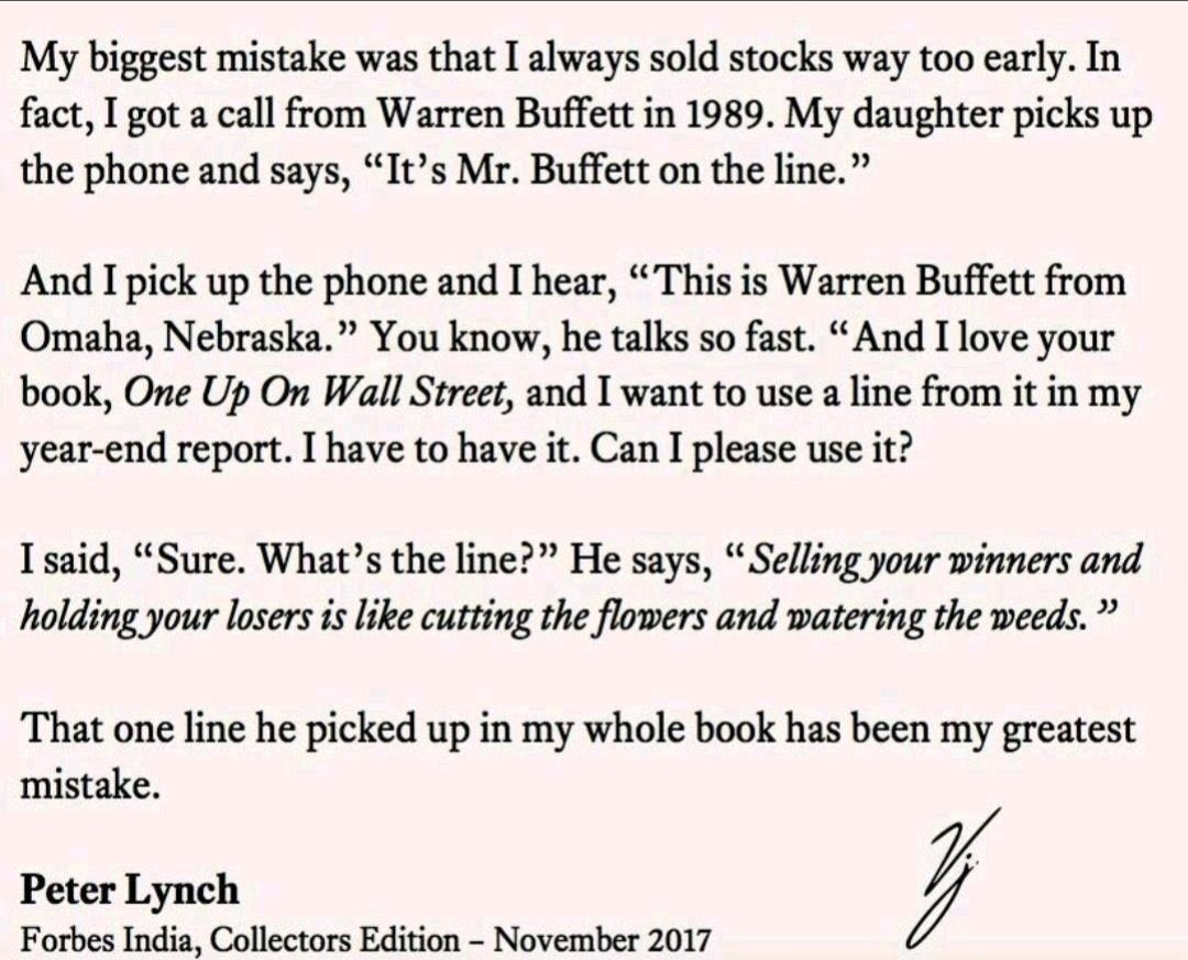 ⚡️Imagine Buffett calling Lynch… only to underline one line: 

“Don’t sell your winners and keep your losers.”

Decades later, the lesson remains timeless.