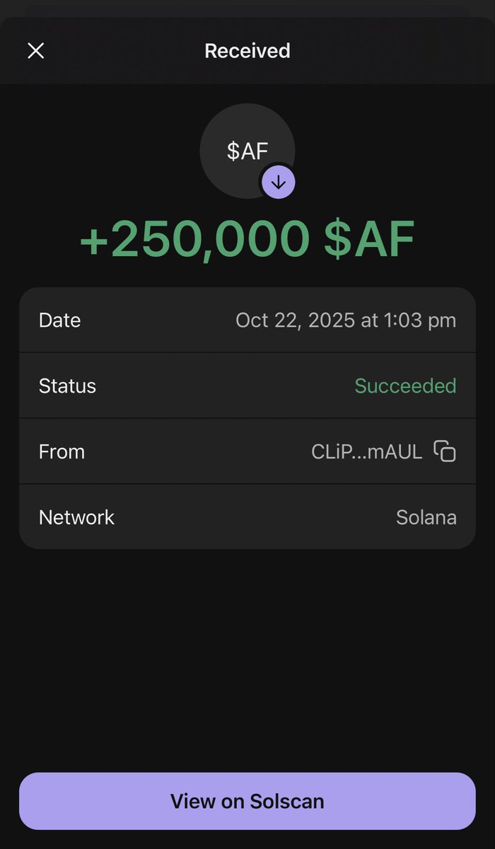 Yayyyy 😍😍😍

Just received my $AF 🚀🚀🚀

Thank you so much miss <a href="/SafemoonYolo/">👶Yolo_AF🐱🦋🚀🤪💞</a> <a href="/SafemoonBigYOLO/">Big Yolo</a> <a href="/rla323/">RudyMoon (Rlynne)</a> 🤗🤗🤗

#Solana #memecoin #SolanaMemecoin #SolanaCommunity #SolanaGiveaway #SolanaProjects #SolanaTokens #SolanaDeFi