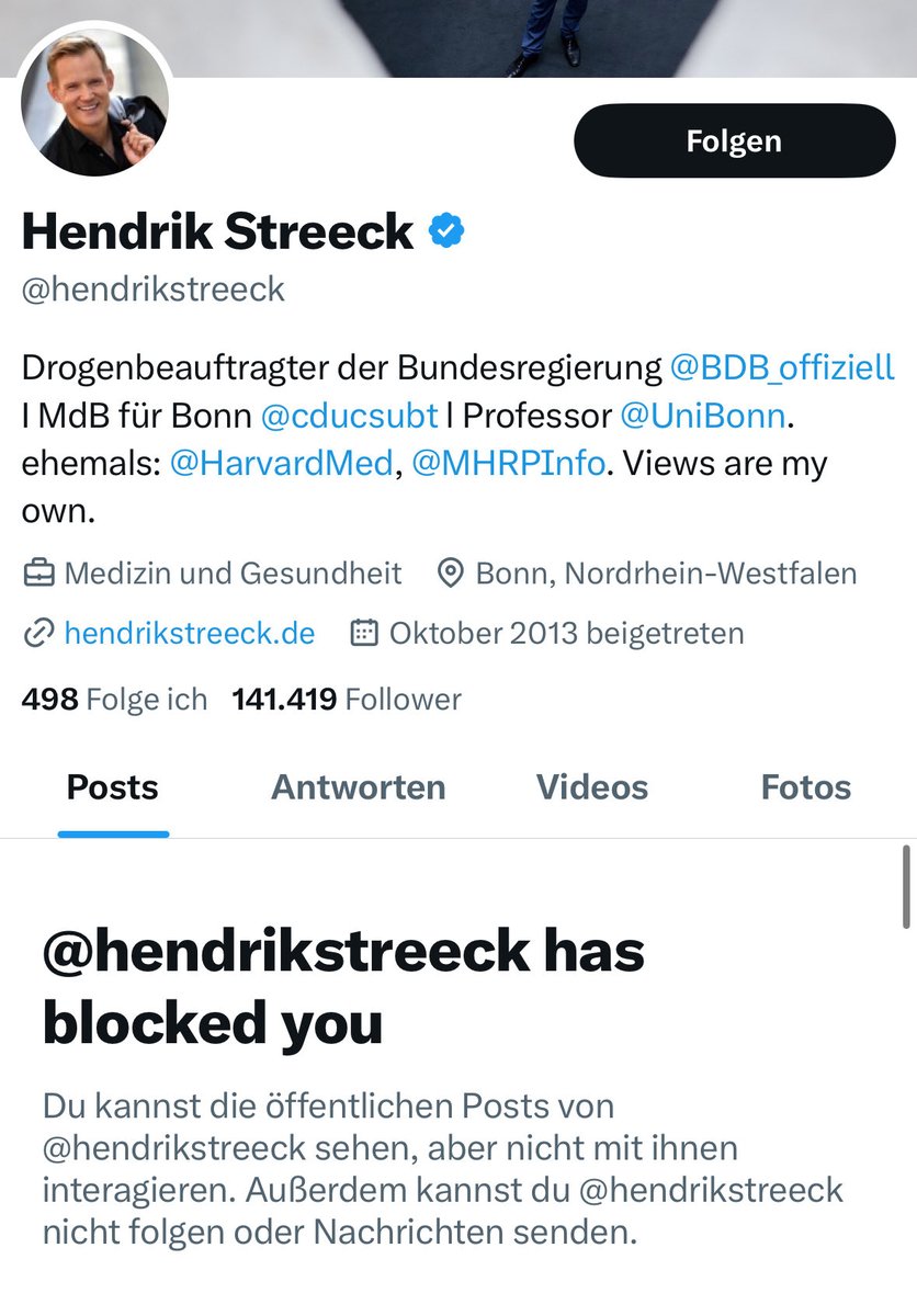 Ob der Drogenbeauftragte der Bundesregierung <a href="/hendrikstreeck/">Hendrik Streeck</a> noch andere Journalist:innen blockt, die ihn für seine Positionen zu #Cannabis nicht abfeiern ? Armutszeugnis…#Weedmob