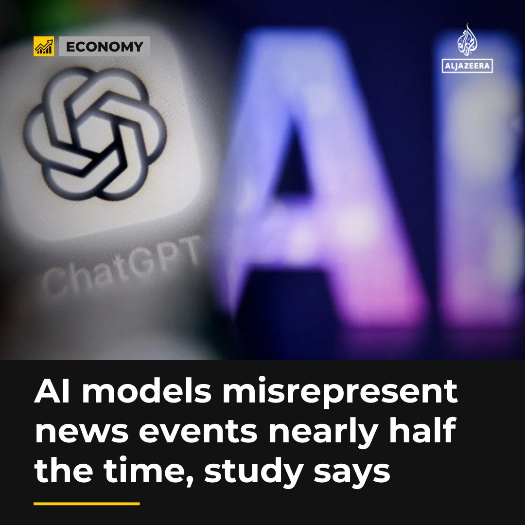 AJEnglish's tweet image. AI models such as ChatGPT routinely misrepresent news events, providing faulty responses to questions almost half the time, a study has found aje.io/jjvnv6
