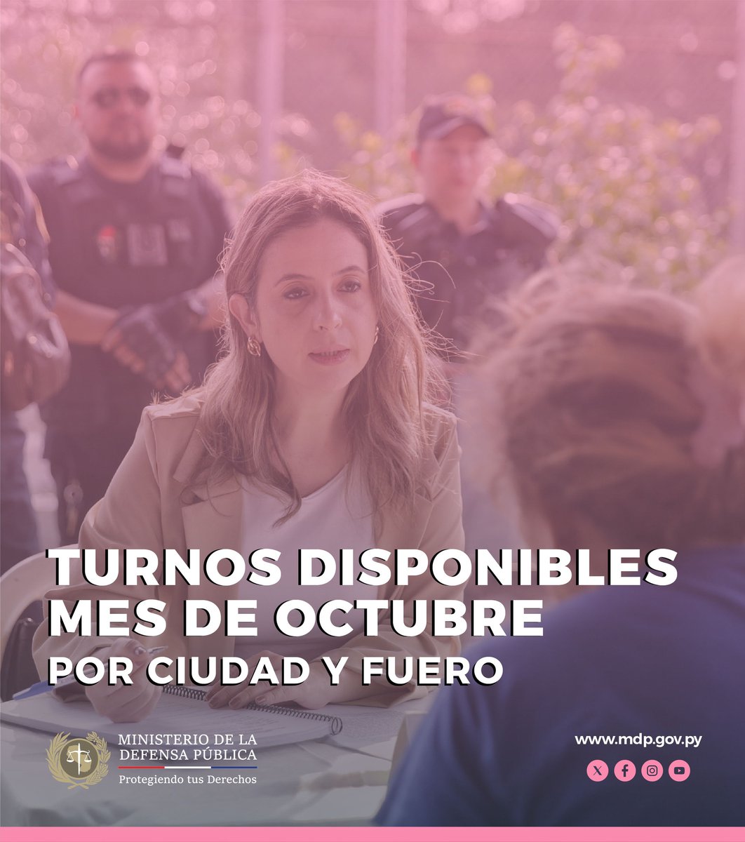 MDP_py's tweet image. En la #DefensaPública tenemos abogados para asesorarte o representarte gratuitamente, en caso necesario.
Revisá la lista de turnos de profesionales del mes de OCTUBRE aquí 🔗 mdp.gov.py/calendario-de-…
#ProtegiendoTusDerechos
#DefensaPública