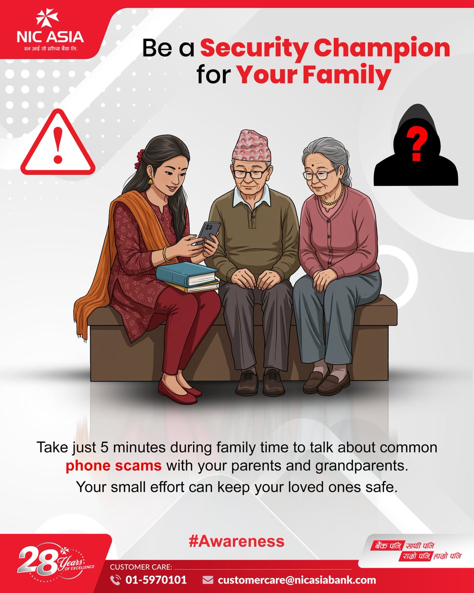 Be the first line of defense for your loved ones.
Take 5 minutes to talk about phone scams with your family and keep them safe.

#NICASIABank #DigitalFirst #SecureFestivities #CyberSuraksha #Awareness
