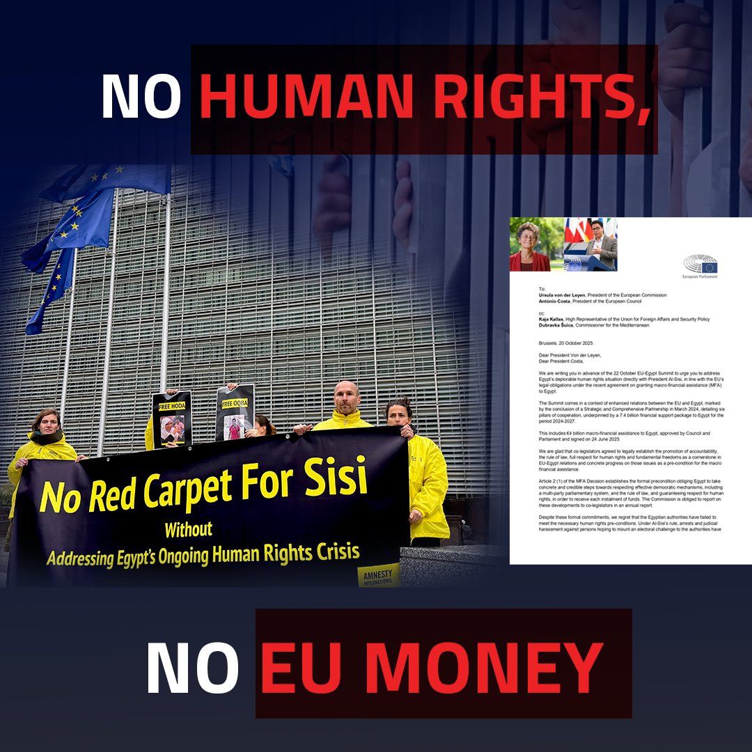 CIHRS_Alerts's tweet photo. As EU leaders @vonderleyen @eucopresident meet President #Sisi today, #humanrights can’t be rolled out with the red carpet.

34 MEPs & human rights groups are clear:
No partnership without #justice, #rights & #accountability for #Egyptians facing repression & poverty.

🔗https://t.co/byg4a5weaA