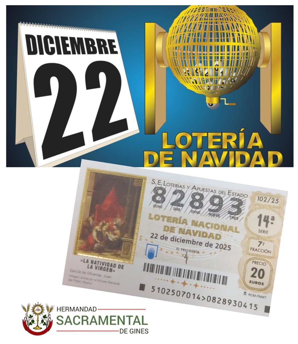 🗓 Faltan solo dos meses para el siempre esperado sorteo de la Lotería de Navidad🎄
¿Aún no tienes el número 8️⃣2️⃣8️⃣9️⃣3️⃣ que siempre jugamos?
Pues no te quedes sin él, porque... ¿Y SI CAE EN LA SACRAMENTAL?

De venta en nuestra Casa Hermandad y en comercios colaboradores de Gines.