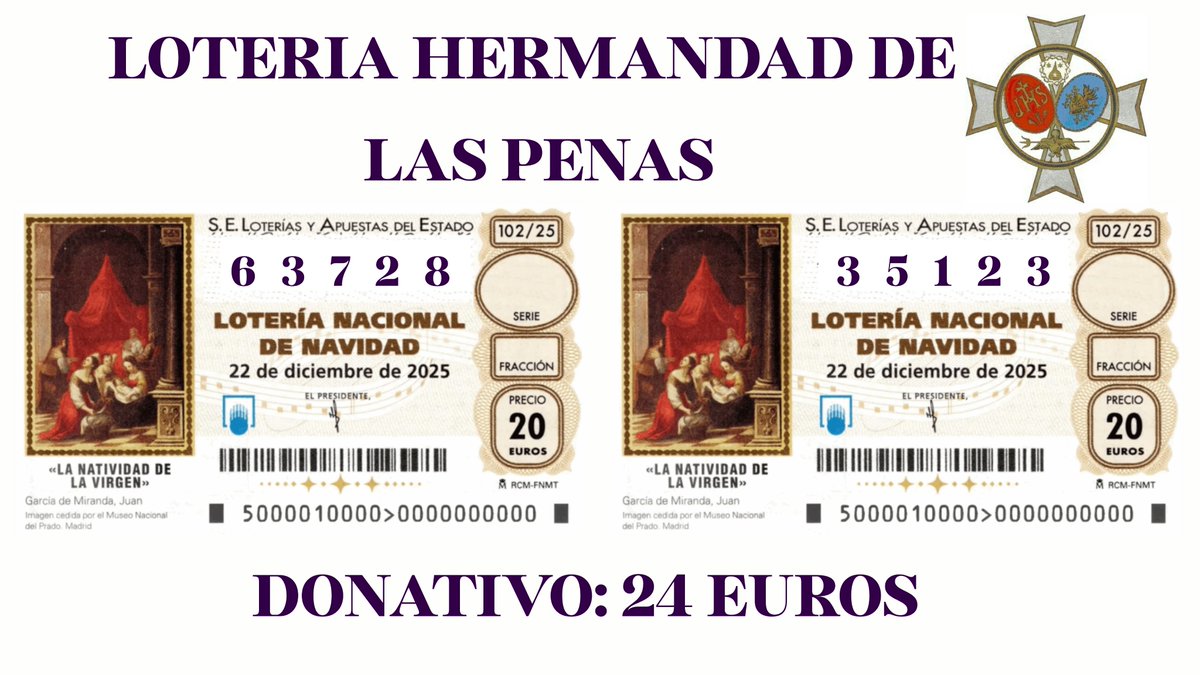 🟣 𝗟𝗢𝗧𝗘𝗥𝗜𝗔 𝗗𝗘 𝗡𝗔𝗩𝗜𝗗𝗔𝗗⁣
⁣
La Mayordomía ya dispone de los décimos de Navidad para el Sorteo Extraordinario del próximo 22 de diciembre de 2025. Como es tradicional, se jugarán los números 𝟲𝟯𝟳𝟮𝟴 y el 𝟯𝟱𝟭𝟮𝟯. El precio del décimo es de 24 euros. Puedes