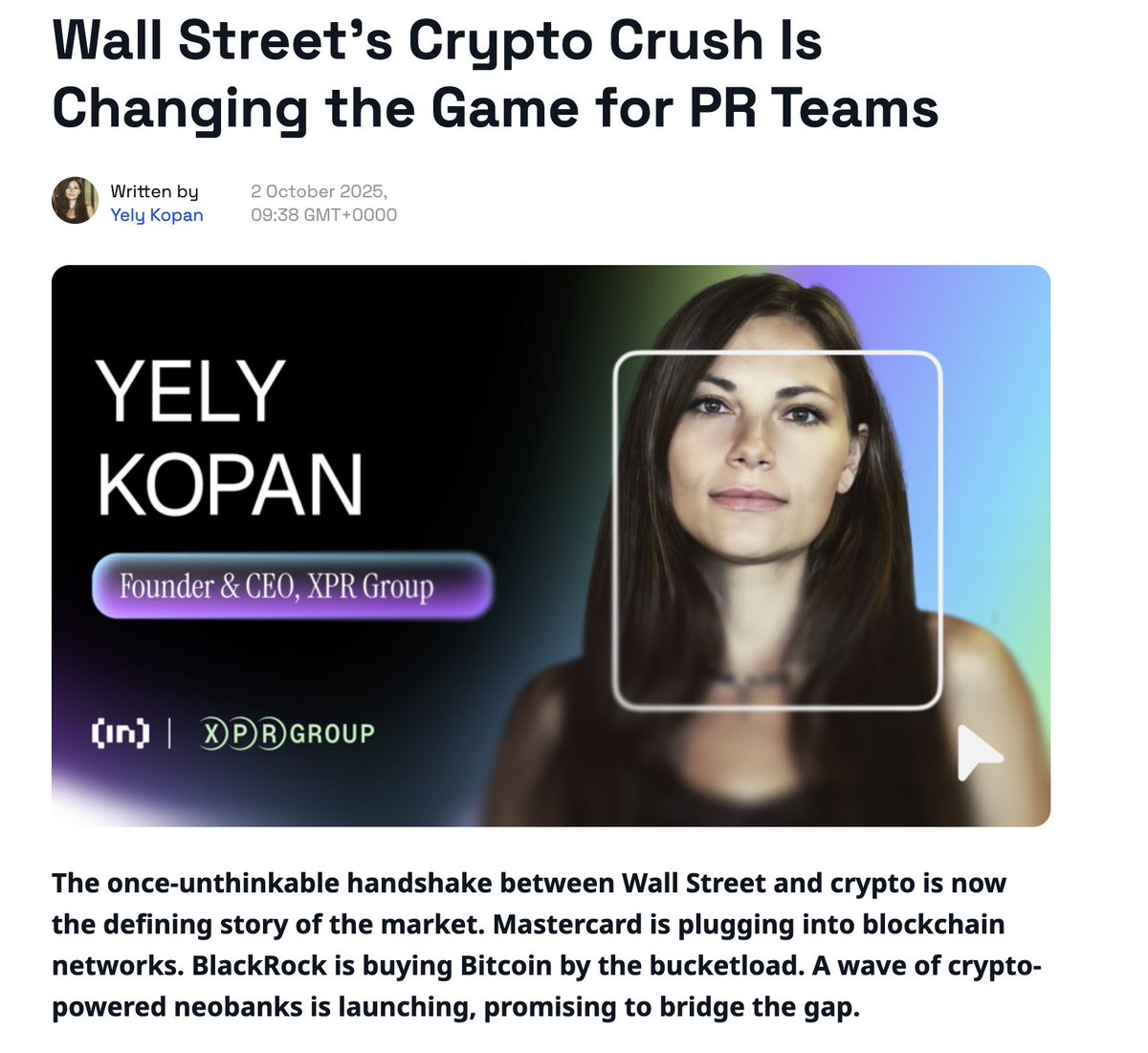xpr_group's tweet photo. XPR.Goup' founder participated in BeInCrypto’s 7-Year Anniversary Special Edition! @yelyz8  shared her thoughts with @beincrypto  on how crypto industry is evolving,  and how is to be a part of this exciting Web3 transformation.
Link in comment below👇 #PR #Web3Community https://t.co/ZBgl3kMtq3