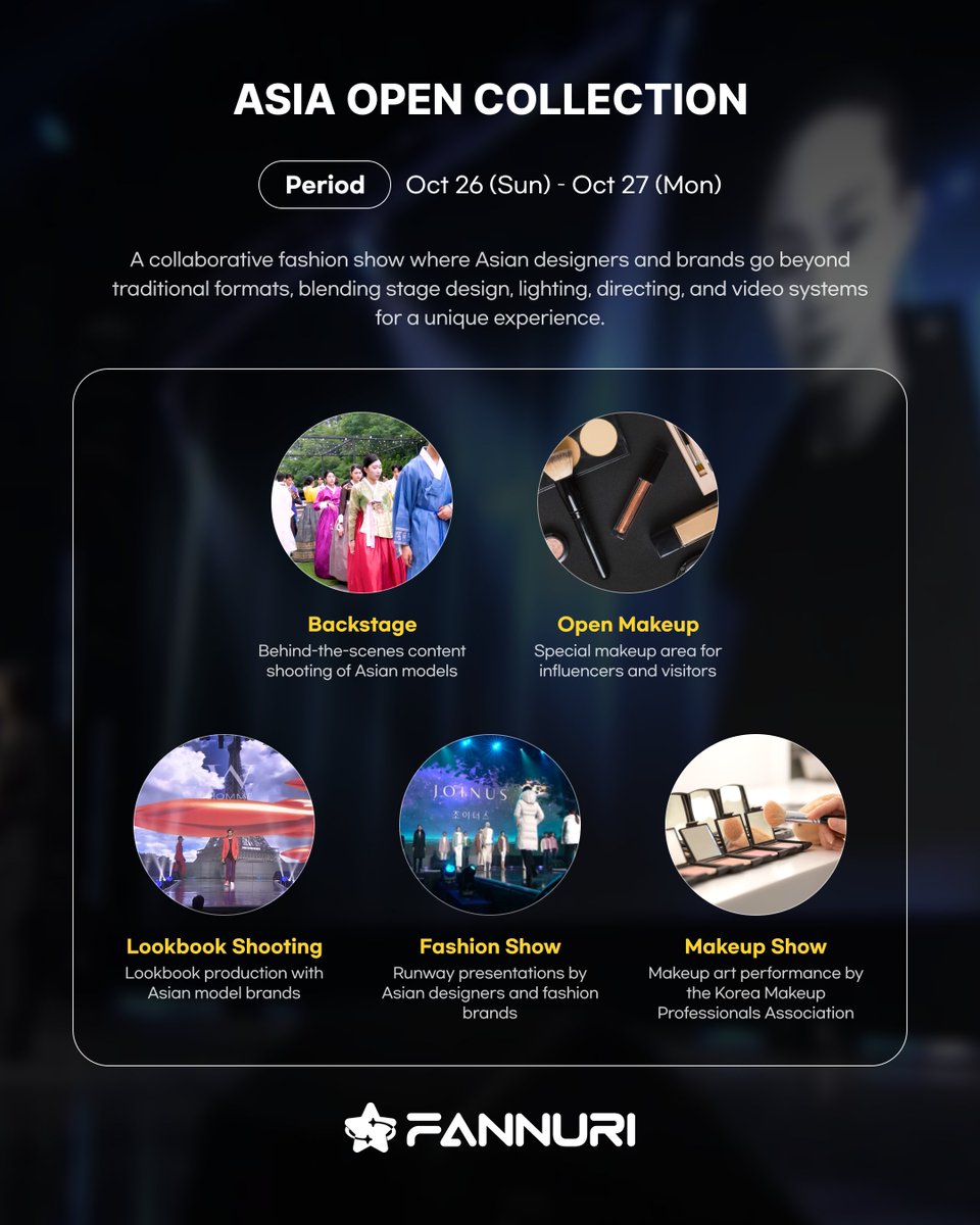 FannuriOfficial's tweet photo. 2025 ASIA MODEL FESTIVAL
Asia’s Largest Modeling Event — Proudly Presented with FANNURI

This year, three main events await you!
👠 Asia Open Collection (Fashion & Beauty Show)
🌟 Face of Asia (Model Competition featuring representatives from 27 countries)
🏆 Asia Model Awards (Global Star Awards Ceremony)

🎖 October 28: FANNURI Award at Face of Asia
🌟 October 30: Rising Star Award at Asia Model Awards
Experience a one-of-a-kind festival this fall!

📅 October 25 (Sat) – October 31 (Fri), 2025
📍 High1 Resort Convention Cente

#AsiaModelFestival2025
#fannuri
#kpopconcert
#KPopCommunity