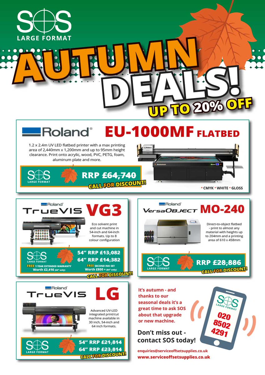 sosltduk's tweet image. Great deals from Roland DG Europe and SOS just keep on Rollin! There are Autumn deals on flatbed, print and cut and flatbed machines. It's a great time to buy! #Digitalprint #Wideformat #Flatbed #Printer #Cutter #UV #Ecosolvent

serviceoffsetsupplies.co.uk/roland-wide-fo…