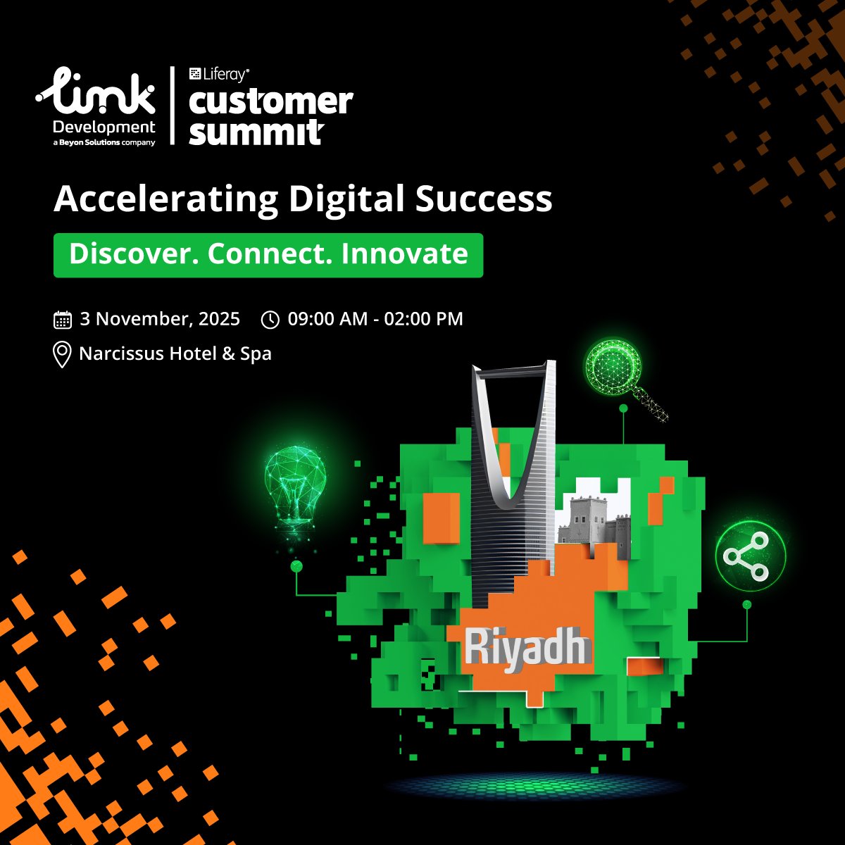 linkdevelopment's tweet image. Less than two weeks until the Liferay Customer Summit 2025 in Riyadh!
Link Development is proud to be a Diamond Sponsor of this premier event on November 3ʳᵈ at the Narcissus Hotel & Spa. 
Join us alongside business and technology leaders to discover how Liferay's DXP is…
