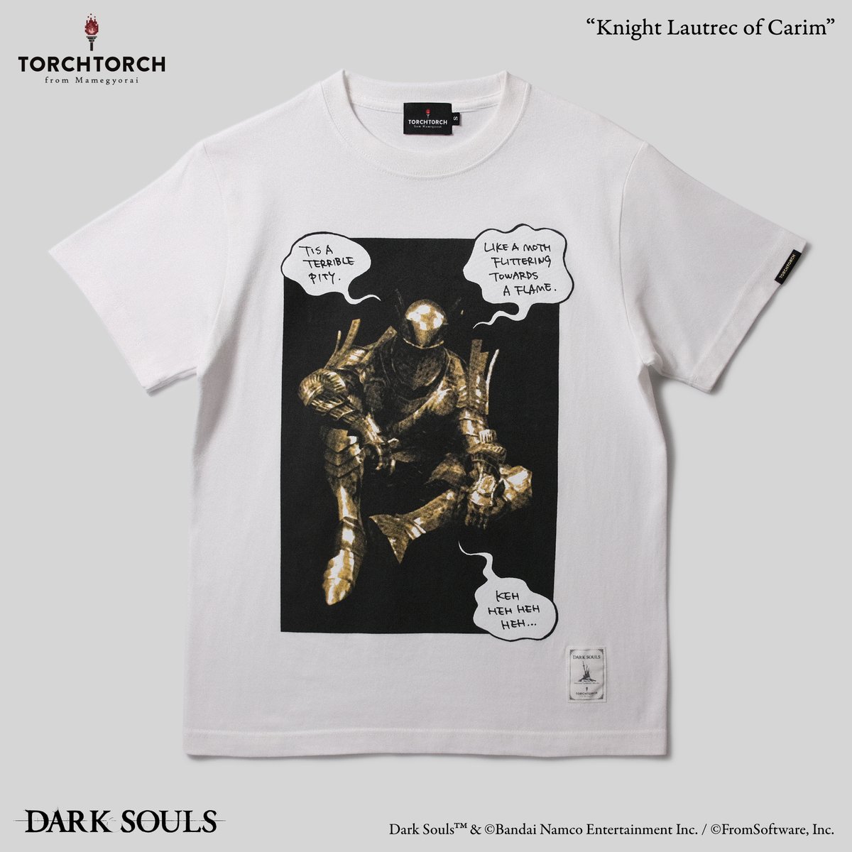 torchtorch_jp's tweet image. 【名古屋店オープン記念 新作先行販売③】
『DARK SOULS』より、長きにわたり廃番となっていた「女神の騎士ロートレクのTシャツ」がリニューアルして登場です。金色の抱かれ鎧が印象的な、不敵に嗤う謎の騎士。後日の一般販売に先駆け、名古屋店にて先行販売いたします。