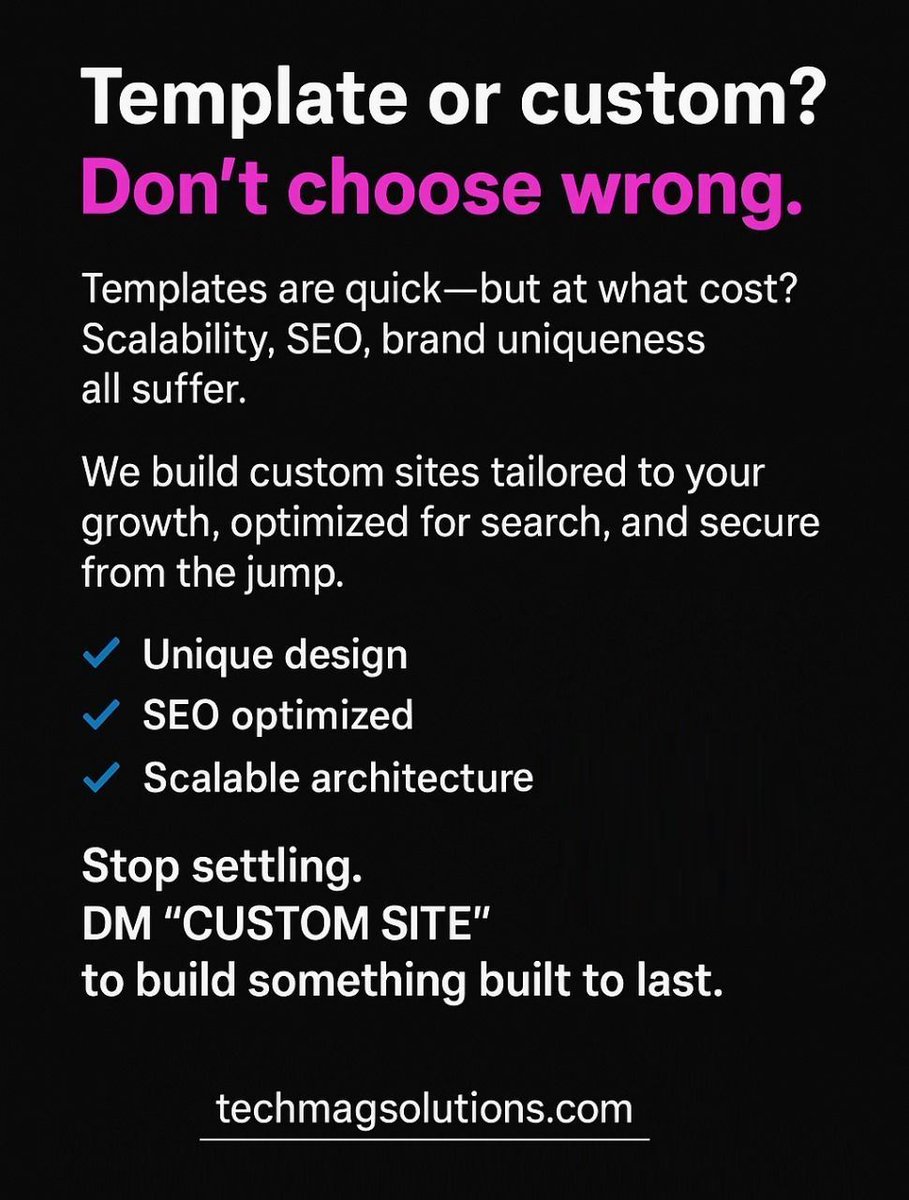 techmagsolution's tweet image. Template or custom? Don’t choose wrong.
Templates are quick—but at what cost? Scalability, SEO & brand uniqueness all suffer.
We build custom sites tailored to your growth, optimized for search & secure from the jump.
✅ Unique design
✅ SEO optimized
✅ Scalable architecture