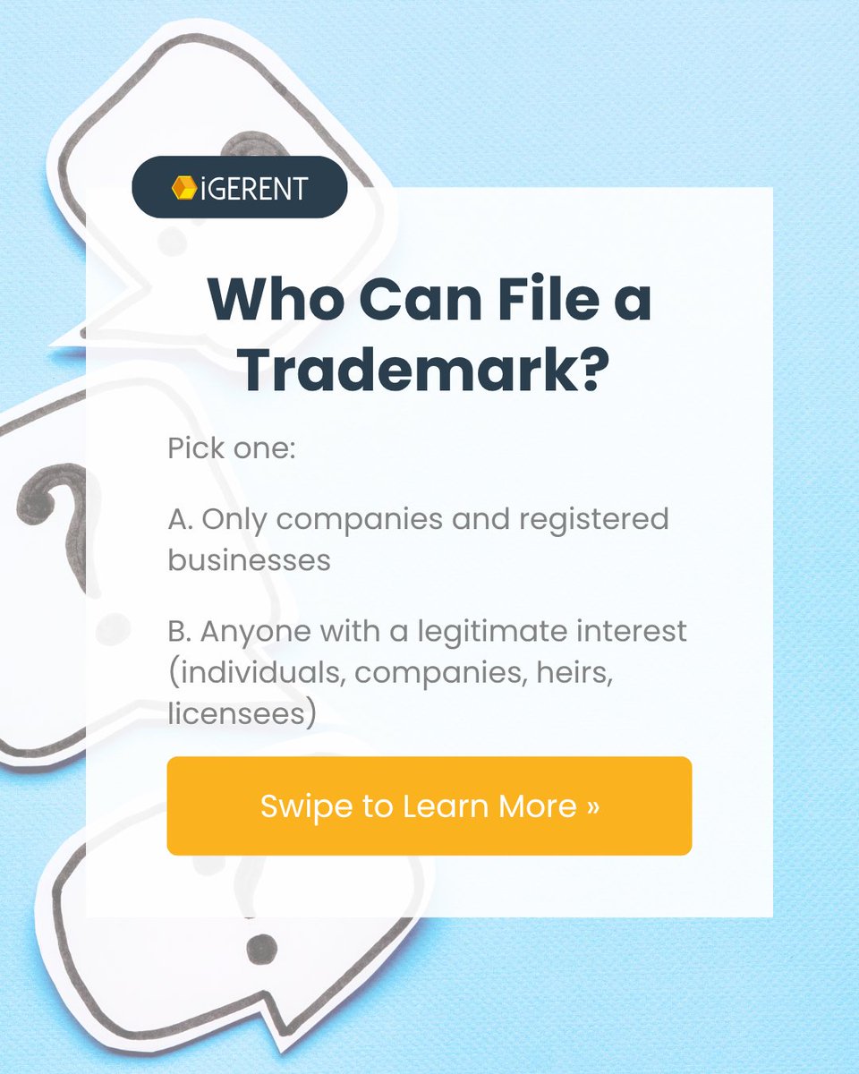 igerent's tweet image. Who can file a trademark?
This or That:

A) Only registered companies
B) Anyone with a legitimate interest

💡 The answer may surprise you.

Find out who can and can’t apply and how to do it right:
👉 igerent.com/who-can-file-t…

#IPBasics #TrademarkTips #BusinessLaw