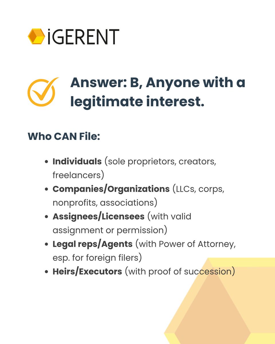 igerent's tweet image. Who can file a trademark?
This or That:

A) Only registered companies
B) Anyone with a legitimate interest

💡 The answer may surprise you.

Find out who can and can’t apply and how to do it right:
👉 igerent.com/who-can-file-t…

#IPBasics #TrademarkTips #BusinessLaw