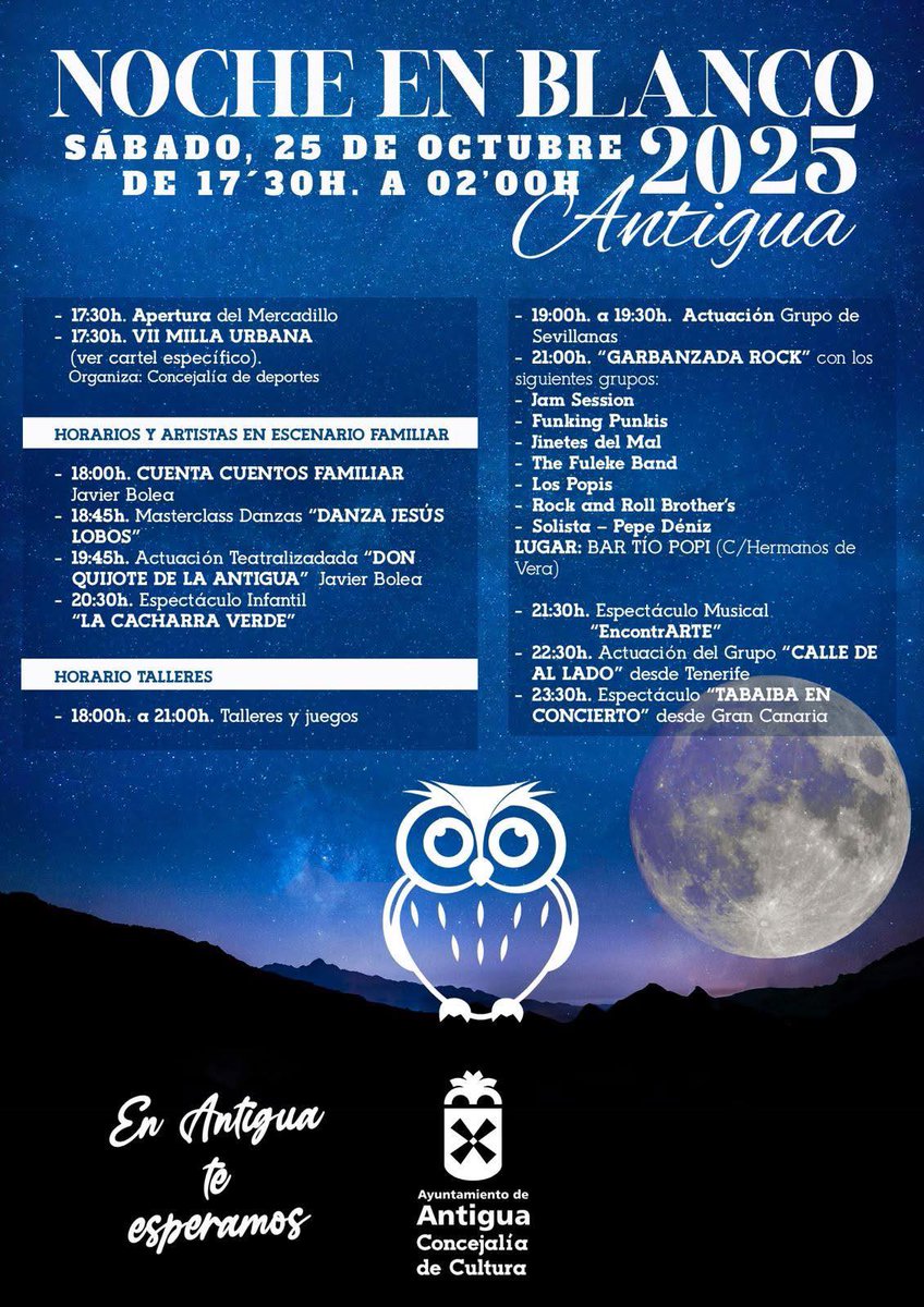 ✨ ¡La Noche en Blanco vuelve a Antigua!

Este sábado 25 de octubre desde las 17:30, vive una jornada llena de actividades deportivas, culturales, comerciales y musicales. 🎶🤘🎸

🕺 ¡No te lo pierdas, vive la magia de la Noche en Blanco! 🌙