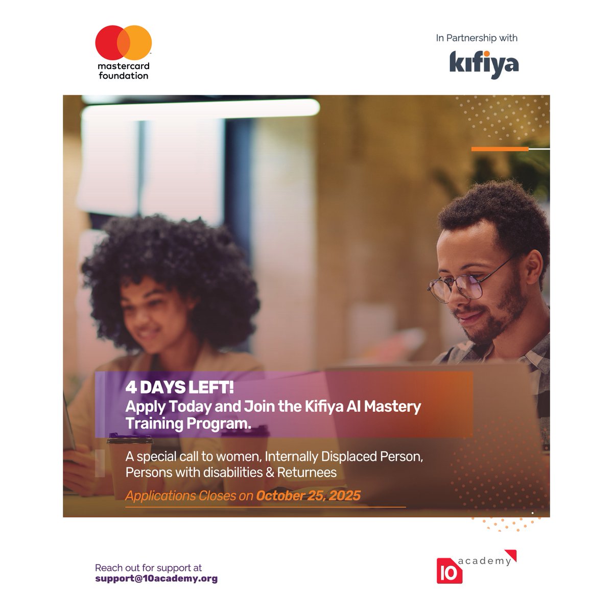 4 DAYS LEFT! Join the Kifiya AI Mastery Training Program: 3 months, hands-on, build 10+ AI projects, tackle Ethiopian fintech challenges &amp; graduate job-ready. Women, IDPs, Persons with disabilities &amp; returnees encouraged. Apply by Oct 25 👉 apply.10academy.org

#AI