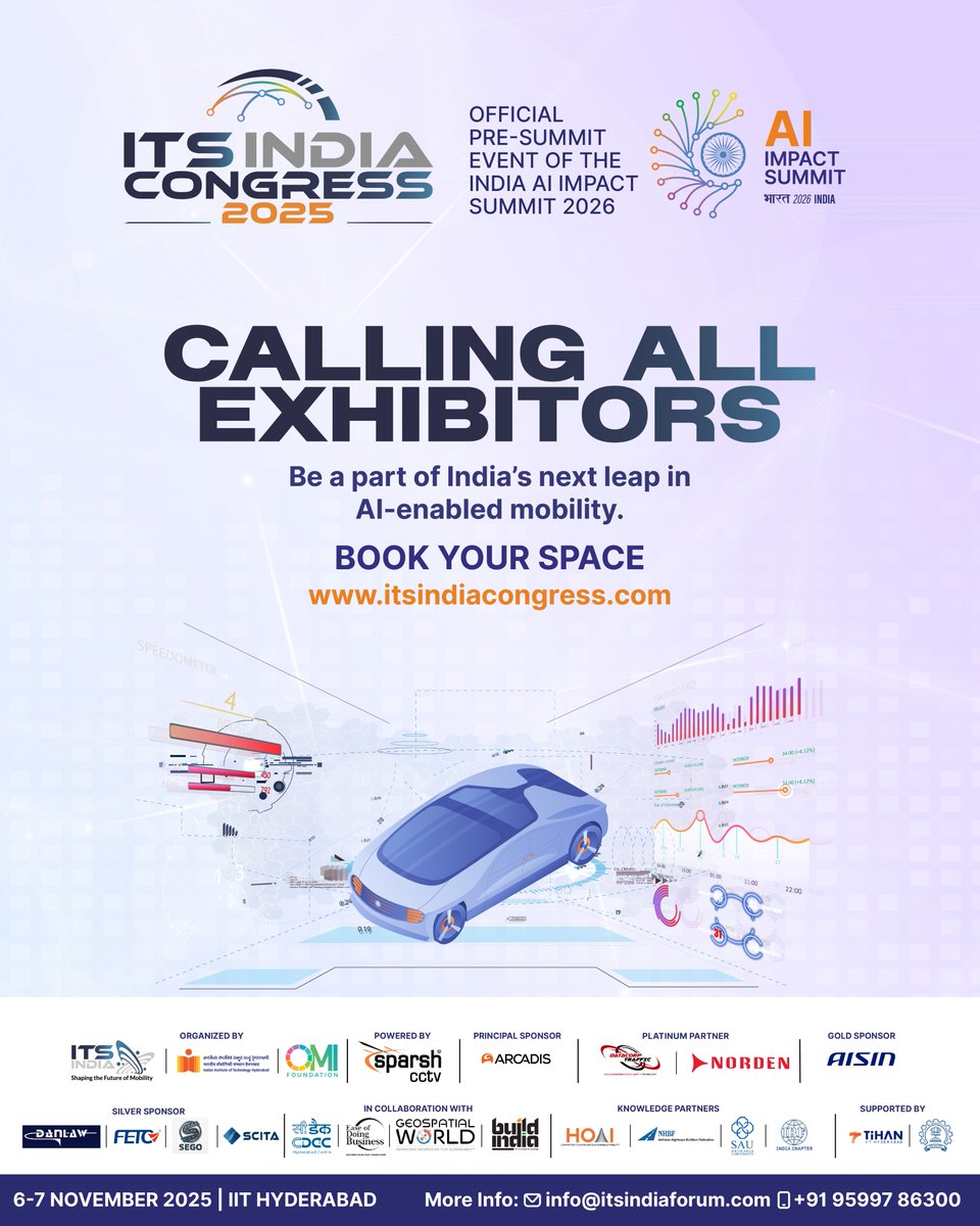 🚀 Calling All Innovators in Mobility!

Showcase breakthroughs in #ITS, #AIMobility, or Smart Tech at #ITSIndiaCongress2025.

📍 IIT H | 🗓️ 6-7 Nov '25
Book your space - 🔗 itsindiacongress.com

💡 Exhibit. Connect. Inspire.
Join 1,000+ leaders shaping the #FutureOfTransport.