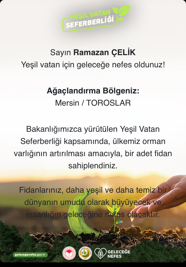 🌱#YeşilVatanSeferberliği ile biz de #GeleceğeNefes olmak istiyoruz. 

#11KasımMilliAğaçlandırmaGünü vesilesiyle fidanımızı sahiplendik. 

Siz de gelecegenefes.gov.tr üzerinden fidan sahiplenerek seferberliğe katılabilir, yeşeren ormanlara katkı verebilirsiniz.