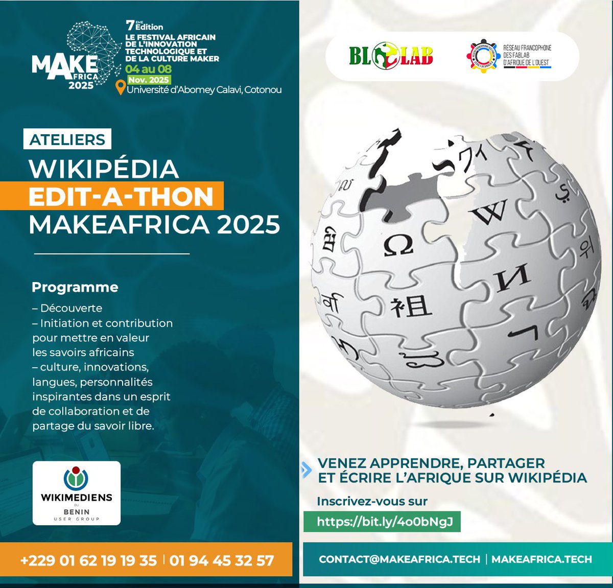 Participez aux ateliers #Wikipédia à #MakeAfrica2025 !
🗓️ Du 5 au 8 nov. à l’Université d’Abomey-Calavi
Avec @WikimediaBenin &amp; @Blolab pour 4 jours d’#Editathon 🌍
Débutants bienvenus !
👉 Inscription : framaforms.org/participez-aux…
#OpenKnowledge #TechForGood #InnovationAfricaine
