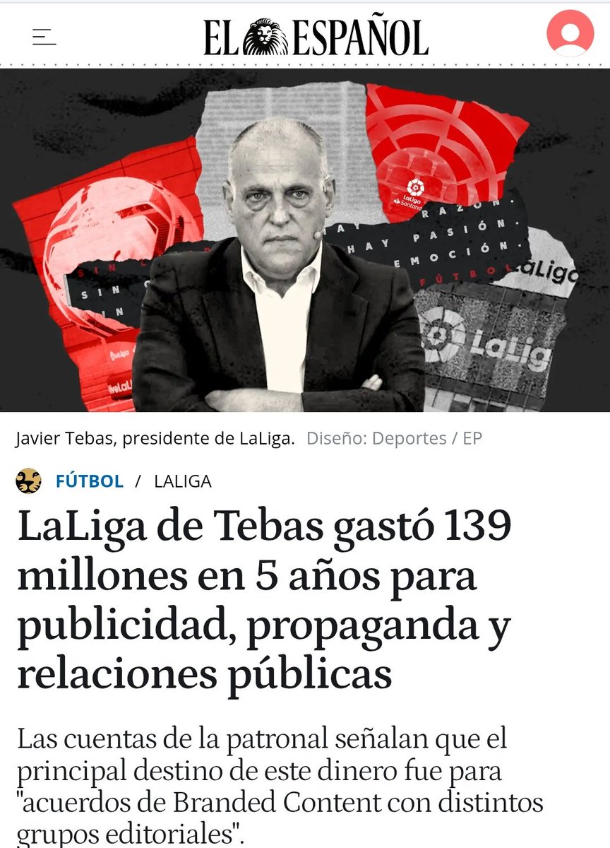 Jorge Calabrés (@jorgecalabres) on Twitter photo El plan de <a href="/Tebasjavier/">Javier Tebas Medrano</a> siempre fue claro:
Millones de publicidad institucional a cambio del silencio de los medios y de acabar con Rubiales para controlar la RFEF.
Y el que asomaba la patita recibía la llamada de 'El Charlas', tan culpable como el capo. El plan de <a href="/Tebasjavier/">Javier Tebas Medrano</a> siempre fue claro:
Millones de publicidad institucional a cambio del silencio de los medios y de acabar con Rubiales para controlar la RFEF.
Y el que asomaba la patita recibía la llamada de 'El Charlas', tan culpable como el capo.