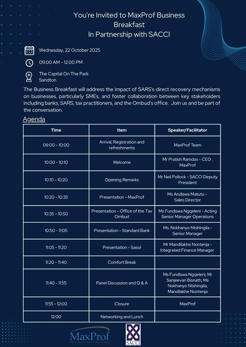 Fundiswa Ngqeleni, Acting Senior Manager: Operations at <a href="/TaxOmbud/">Tax Ombud SA</a> , Mr. Pratish Ramdas - CEO, <a href="/maxprofsa/">MaxProf</a>, Mr. Neil Pollock, <a href="/SACCIza/">South African Chamber of Commerce and Industry</a> Deputy President, Andiswa Matutu, Sales Director, <a href="/maxprofsa/">MaxProf</a>, and Nokhanyo Ntshingila, Senior Manager, <a href="/StandardBankZA/">Standard Bank ZA</a>, are currently participating