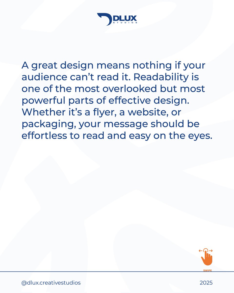 DluxStudiosgh's tweet image. After a long hiatus, we’re back to giving you what you love — design tips that make you better. 🎯
This week: Design for Readability.
If they can’t read it, they won’t remember it. Clarity &amp;gt; clutter.
#DLUXStudios #DesignTips #Readability