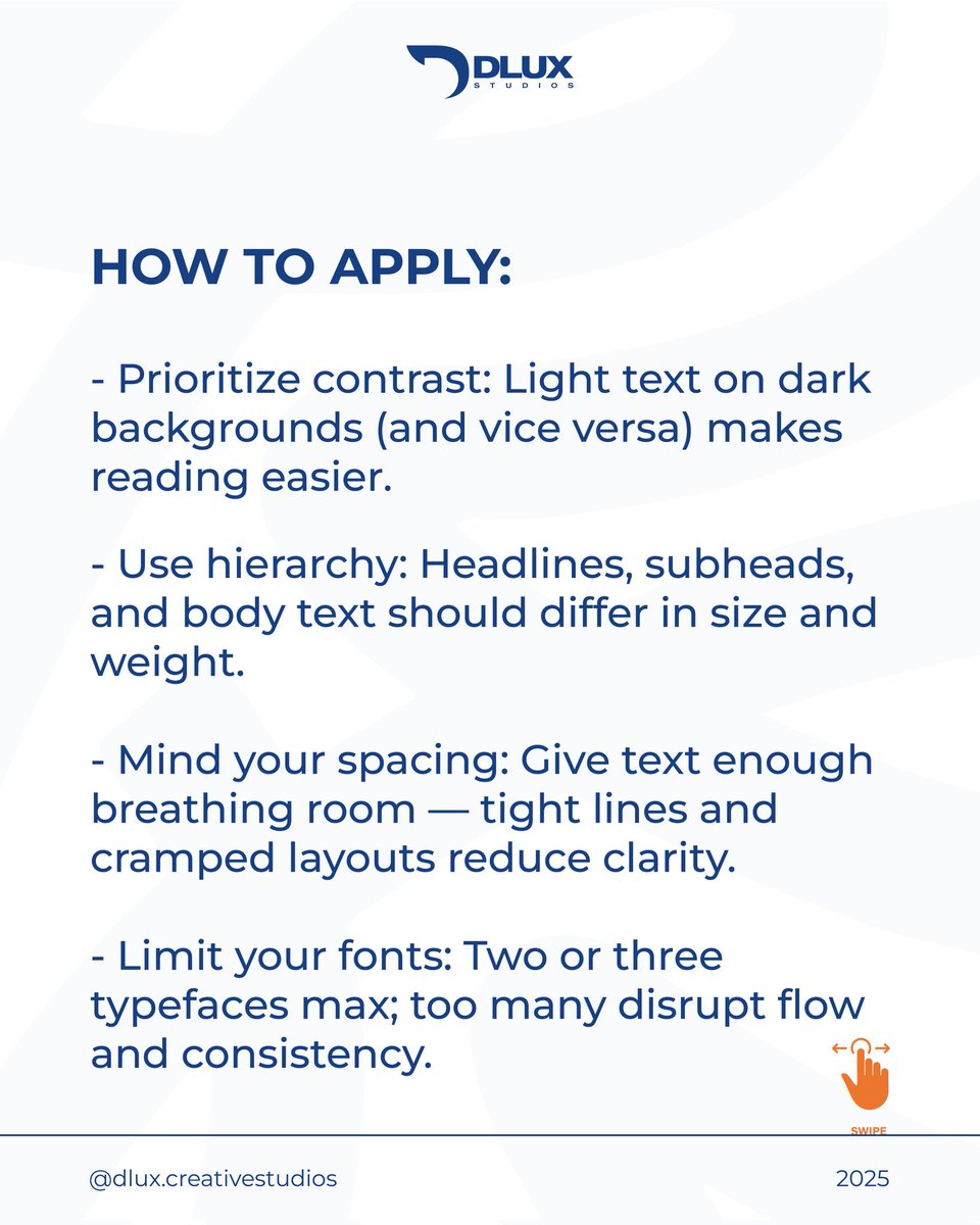 DluxStudiosgh's tweet image. After a long hiatus, we’re back to giving you what you love — design tips that make you better. 🎯
This week: Design for Readability.
If they can’t read it, they won’t remember it. Clarity &amp;gt; clutter.
#DLUXStudios #DesignTips #Readability
