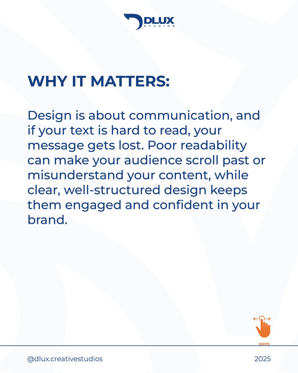 DluxStudiosgh's tweet image. After a long hiatus, we’re back to giving you what you love — design tips that make you better. 🎯
This week: Design for Readability.
If they can’t read it, they won’t remember it. Clarity &amp;gt; clutter.
#DLUXStudios #DesignTips #Readability