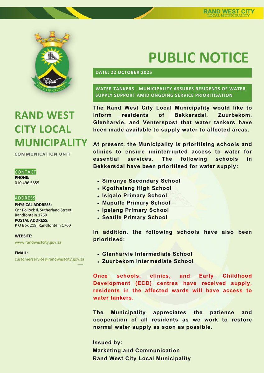 RAND WEST CITY WATER ALERT🚨 #RandWest #Randfontein #Westonaria #Randwest #G13 #Westrand #SaveWaterGP #TacklingG13