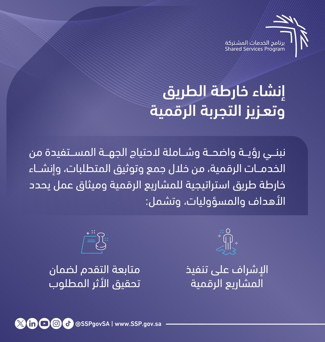 برؤية واضحة وكفاءة عالية، 
نُلبي احتياج الجهات المستفيدة من الخدمات الرقمية.

ssp.gov.sa
#برنامج_الخدمات_المشتركة