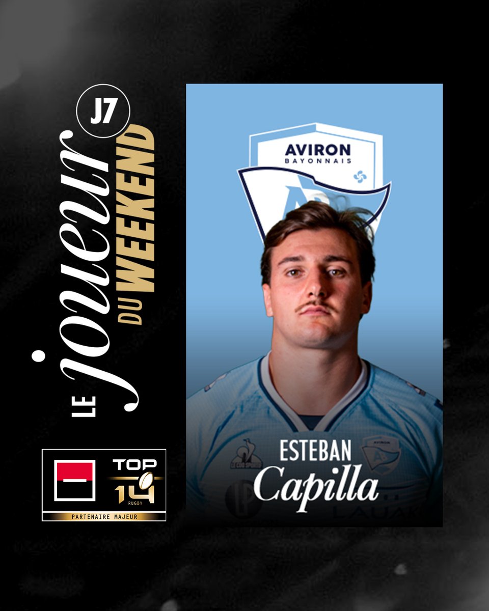 Esteban Capilla est votre Joueur du Week-End <a href="/Paramourdurugby/">Société Générale Rugby</a> ! 🏆

Deux essais, une passe décisive et un match plein face à Clermont : le troisième ligne de l’Aviron Bayonnais confirme son énorme début de saison.

#TOP14 | #JoueurDuWeekend