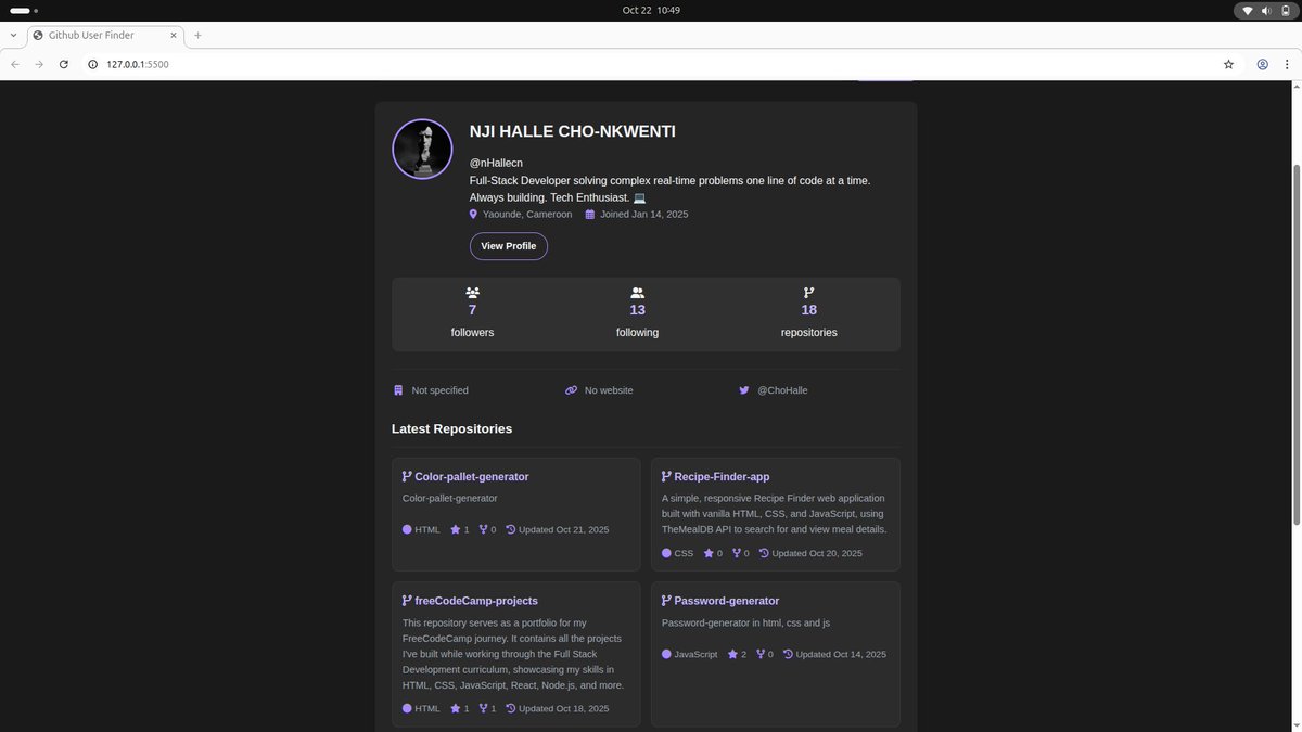 ChoHalle's tweet image. Just deployed my latest project: GitHub User Finder! 🔎It’s a clean, dark-themed web app built with vanilla JS, HTML, and CSS that lets you search any profile on GitHub and instantly see their stats. 🔗 [nhallecn.github.io/GitHub-user-fi…]  #JavaScript #WebDev #GitHub #Frontend #Code