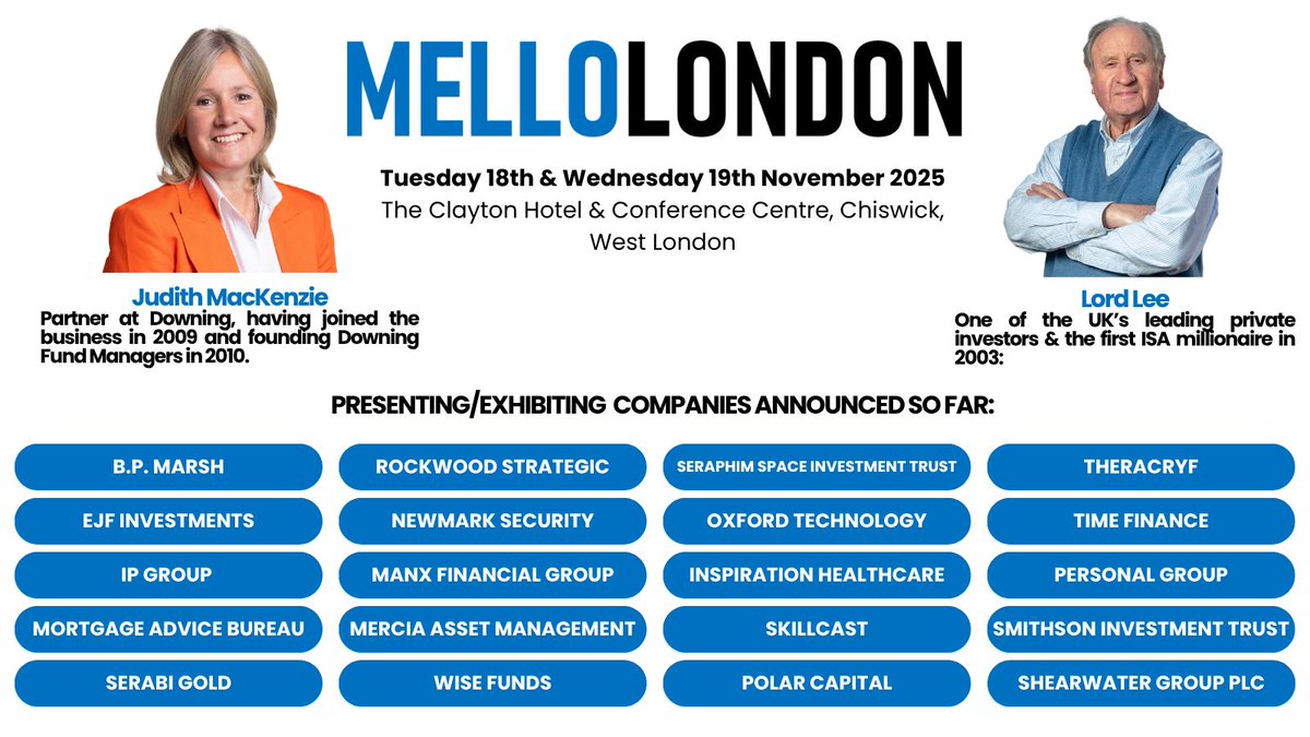 Less than a month until #MELLOLONDON (18/19 Nov, Chiswick). Top keynote speakers, 50+ UK listed companies, educational talks and panel sessions. Tickets on general sale - grab yours now before final release!  Check out some of the speakers and companies annouced so far:
