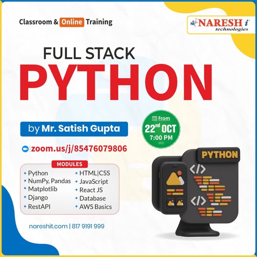 SaiThanai1114's tweet image. 🚀 Become a Full Stack Python Developer with Naresh i Technologies!
✍️For Register: tinyurl.com/43w3km8t
👨🏫 Trainer: Mr. Satish Gupta
📅 From: 22nd Oct
⏰ Time: 7:00 PM (IST)
💻Mode: Classroom & Online
join Via Zoom: zoom.us/j/85476079806
#FullStackPython #PythonDeveloper