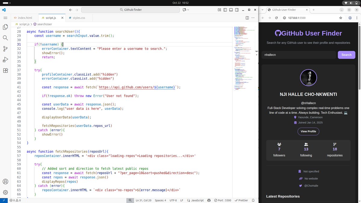 ChoHalle's tweet image. Just deployed my latest project: GitHub User Finder! 🔎It’s a clean, dark-themed web app built with vanilla JS, HTML, and CSS that lets you search any profile on GitHub and instantly see their stats. 🔗 [nhallecn.github.io/GitHub-user-fi…]  #JavaScript #WebDev #GitHub #Frontend #Code
