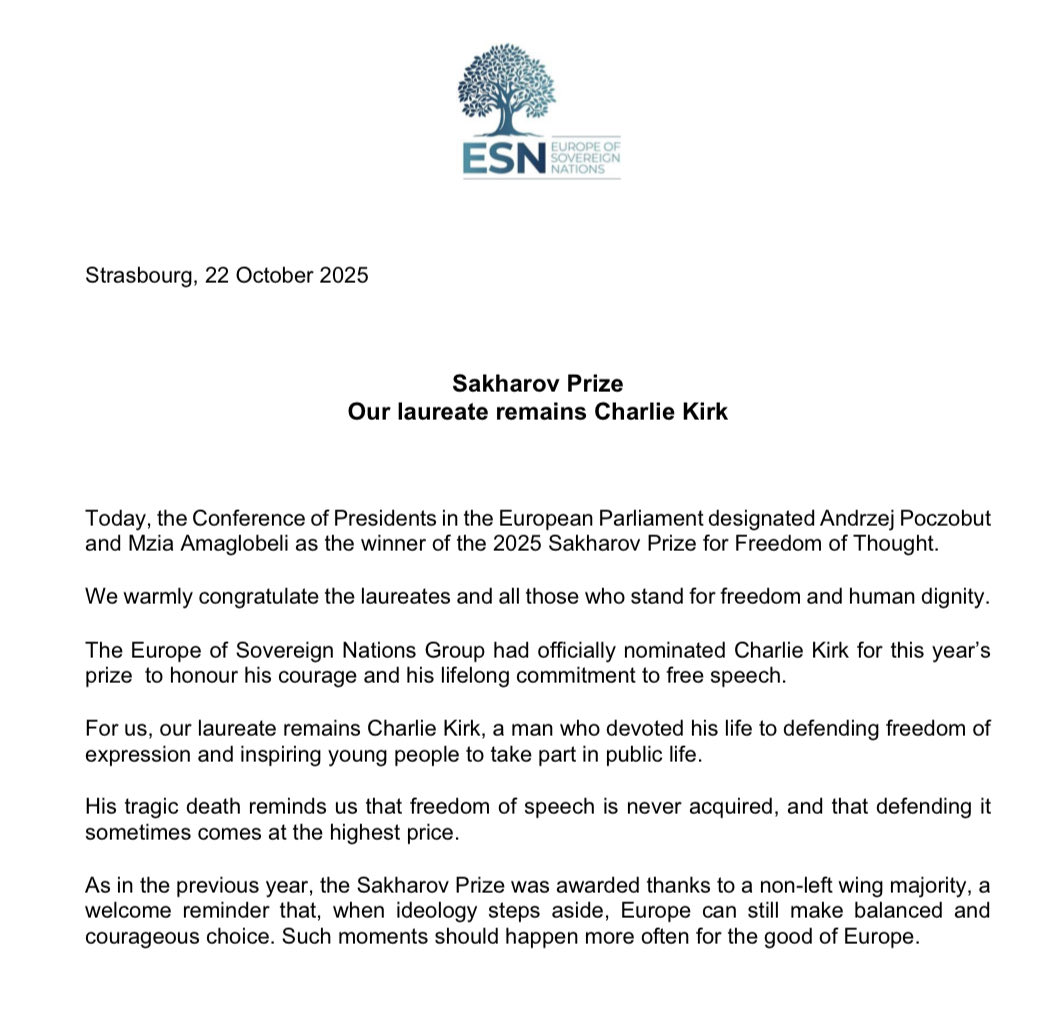 🕊️ The European Parliament designated Andrzej Poczobut and Mzia Amaglobeli as the 2025 #SakharovPrize laureates.
We sincerely congratulate them.

Our heart, however, remains with Charlie Kirk, whom we had nominated. A man who gave his life defending freedom of speech and the