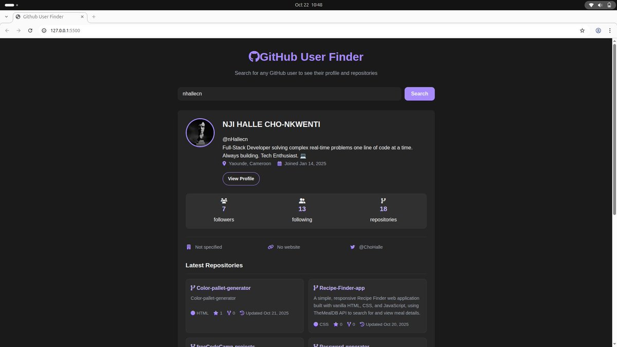 ChoHalle's tweet image. Just deployed my latest project: GitHub User Finder! 🔎It’s a clean, dark-themed web app built with vanilla JS, HTML, and CSS that lets you search any profile on GitHub and instantly see their stats. 🔗 [nhallecn.github.io/GitHub-user-fi…]  #JavaScript #WebDev #GitHub #Frontend #Code