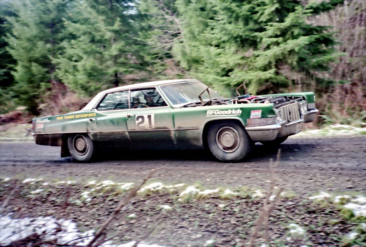 One of my favorite rallying pics is the 1969-70 Cadillac Sedan DeVille in the SCCA Club Doo Wop rally in 1996. Chad Dykes and Bill Gutzman entered the car twice, retiring from the first rally, but finishing 13th in their second, beating 3 cars including a Mazda 323 GTX