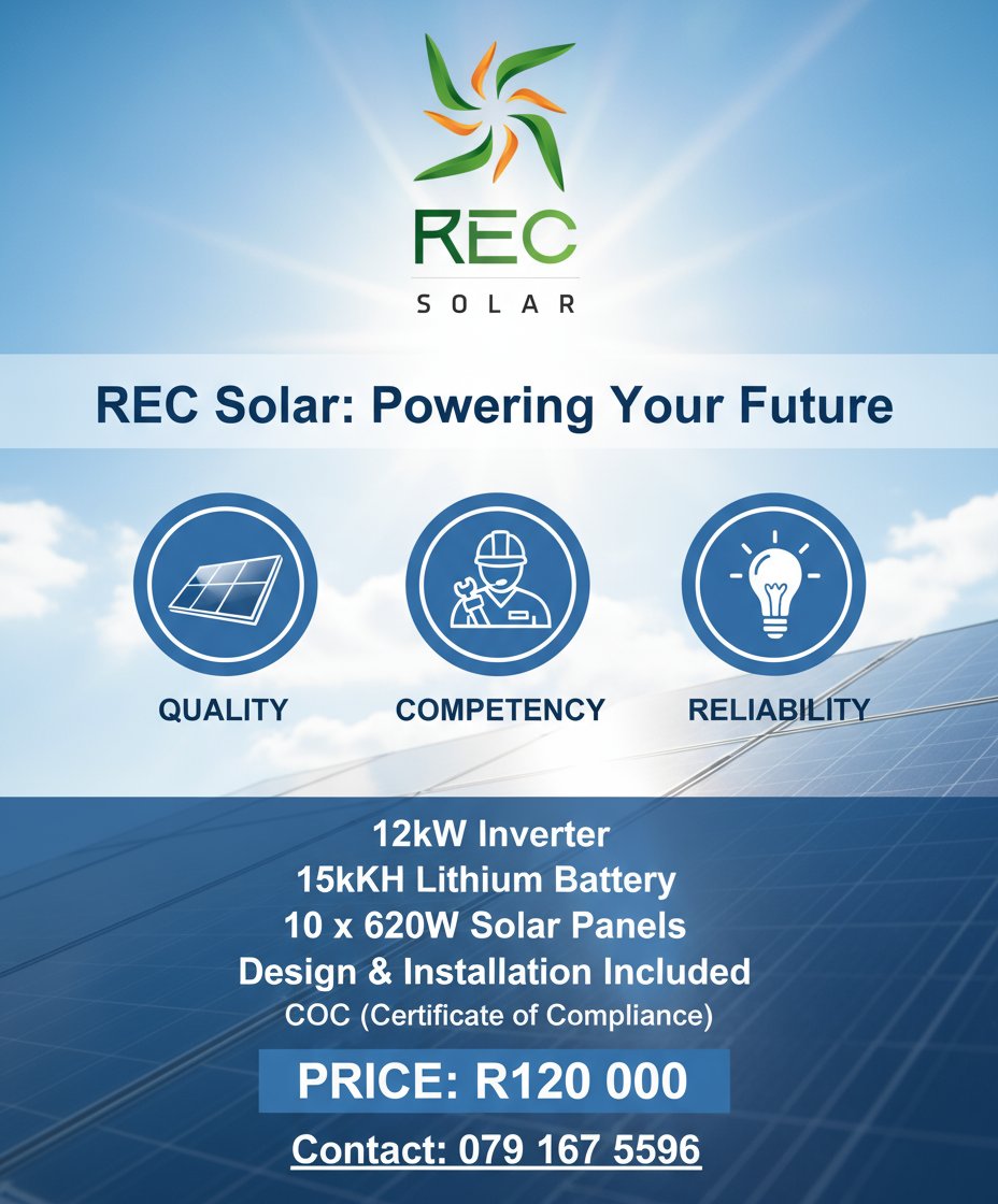 Unbelievable special :
🌟12kw Felicity inverter single phase.
🌟15kwh battery.
🌟12 x 620w solar panels.
🌟COC
🌟Design &amp; Installation Included.
🌟24/7 Technical Support.
🌟All for R120 000

Power everything in your house, reduce your Eskom bill by 90%.