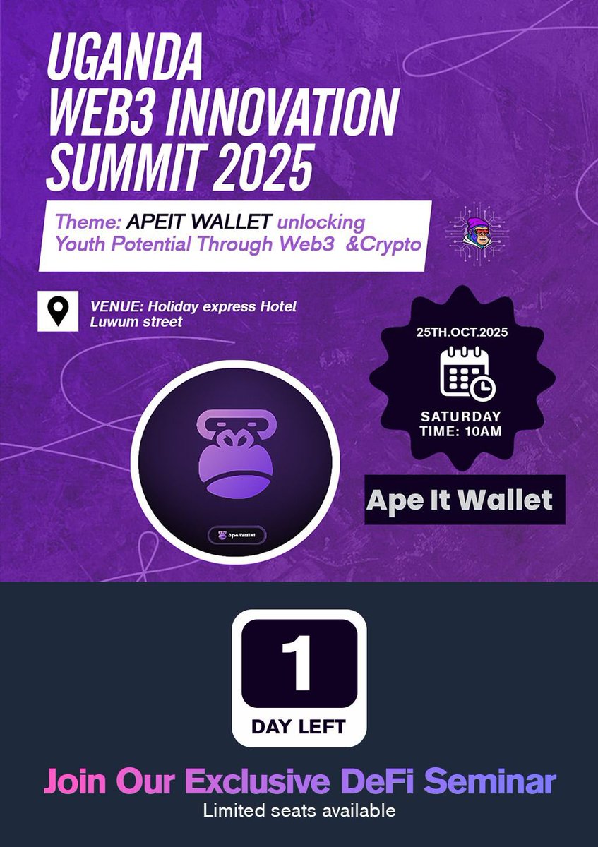 Apeit  wallet would be having a real life event in Uganda on Saturday 
Be there .

<a href="/debar_fx/">debar.sol || Solana Summit Africa</a> and <a href="/Web3warrior_7/">Web3warrior 𖤍</a> 

Would be representing us 🦧😌

Retweet this and tag people to win a trip to Uganda 

I'll be there 😁 

apeit.net