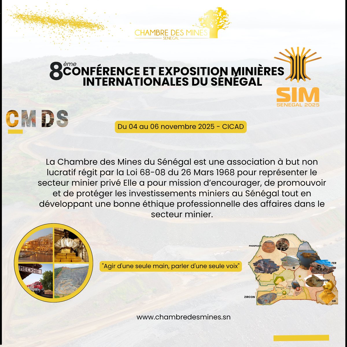 CmdsSenegal's tweet image. 🇸🇳 La 8ᵉ Conférence et Exposition Minières Internationales du Sénégal se tiendra du 4 au 6 nov. 2025 au CICAD.
Un rendez-vous incontournable pour les acteurs du secteur extractif africain.

🔗 chambredesmines.sn
#SIMSenegal2025 #CMDS #MinesDuSénégal #MiningAfrica
