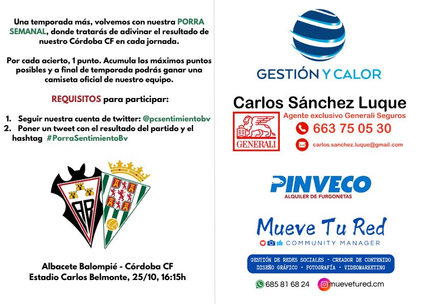 ⚪️🟢 𝙋𝙊𝙍𝙍𝘼 𝙎𝘽𝙑 ⚪️🟢

⚽️ Este sábado viajamos a Albacete con la intención de traernos los 3 puntos a Córdoba.

Participa en nuestra #PorraSentimientoBv y ve acumulando puntos para poder conseguir una camiseta oficial.

⚠️ Recuerda cumplir con todos los requisitos 👇🏻