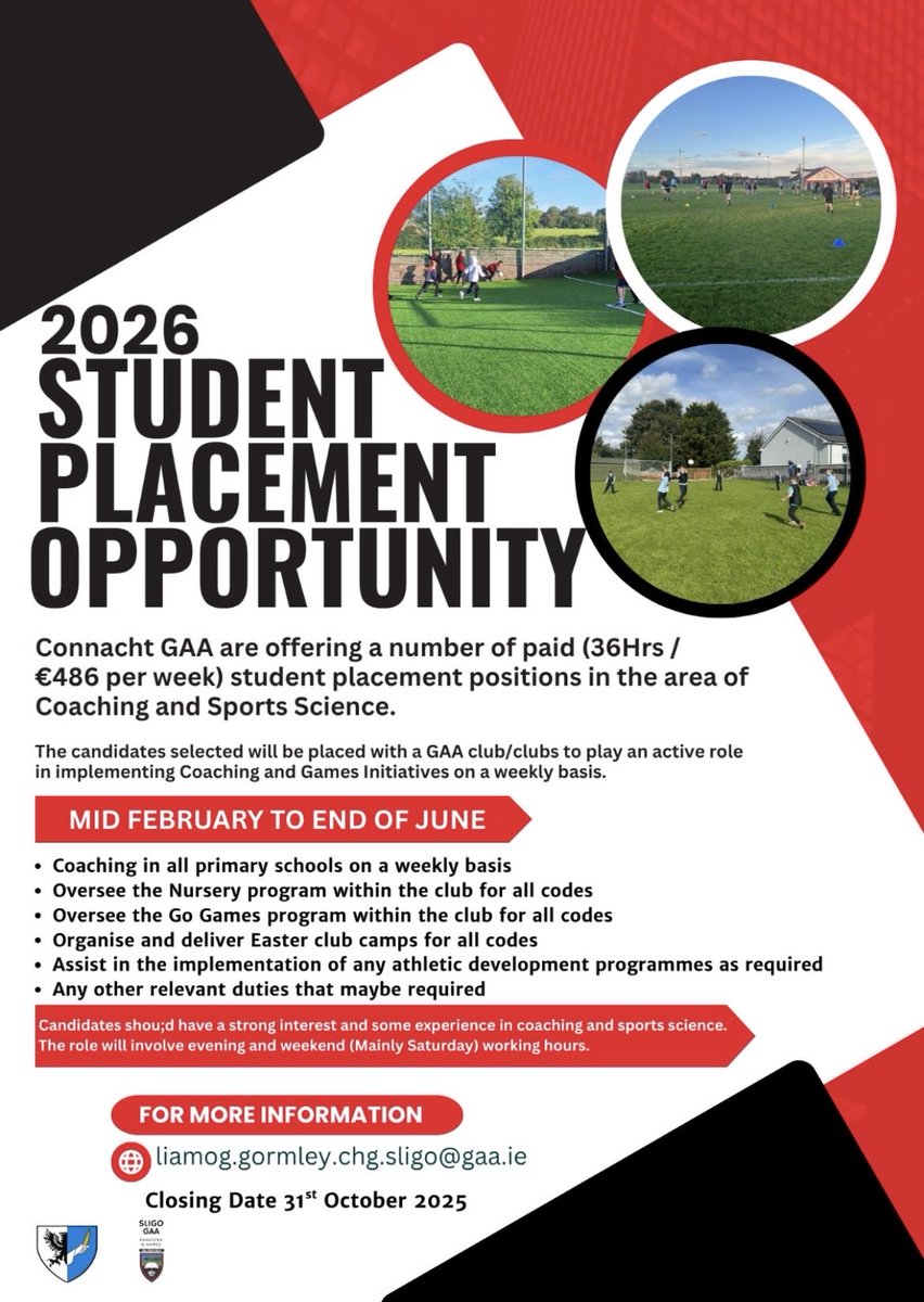 SligoGAACandG's tweet photo. Sligo GAA are currently looking for enthusiastic coaches to work as part of our team from mid February until late June 2026. Role CDO (Club Development Officer). Details attached. Please Contact: liamog.gormley.chg.sligo@gaa.ie with expression of interest. @sligogaa @ConnachtGAA https://t.co/8X8cT3pYpw