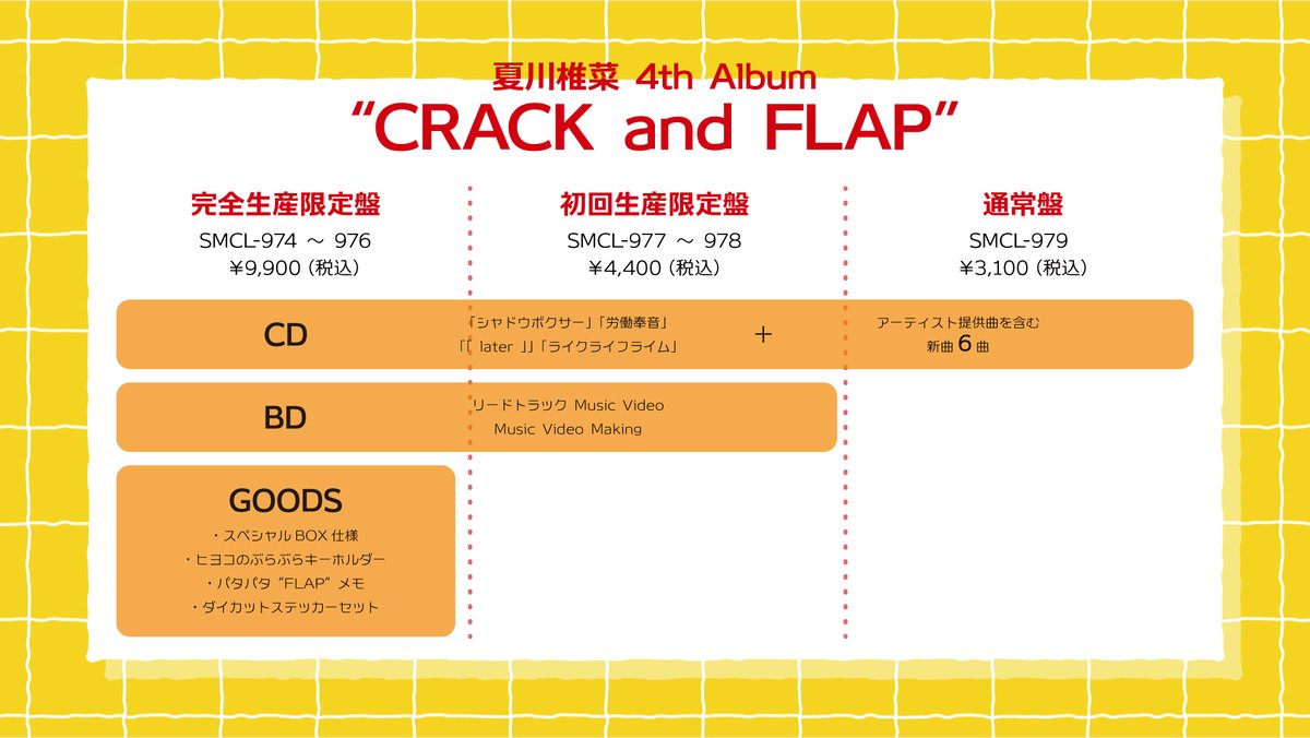 ／
#夏川椎菜 4thアルバム「CRACK and FLAP」
2026年2月4日(水)リリース決定✨️
＼

約2年半ぶりのアルバム💿️
「シャドウボクサー」「「 later 」」の2枚のシングル楽曲に、新曲6曲を加えた全10曲を収録！

詳細🥚natsukawashiina.jp/artist/shiinan…
ご予約🥚️shiinanatsukawa.lnk.to/f2cdQE
#CRACKandFLAP