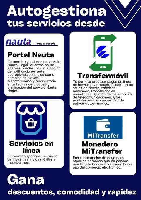 #autogestiona tus servicios a través de las siguientes herramientas.
#EtecsaTeAcompaña
#EtecsaConCuba
#ConsejoÚtil