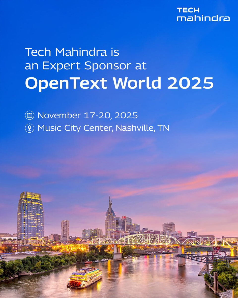 tech_mahindra's tweet image. We’re excited to be an Expert Sponsor at #OpenTextWorld2025!

Join @tech_mahindra from Nov 17–20 at Music City Center, Nashville as we showcase how #AI-powered Information Management Solutions are helping enterprises unlock agility, resilience, and growth.

Let’s connect,…
