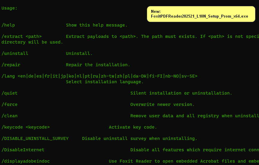 manelrodero's tweet image. I think there&apos;s another issue with the INNO installer, as happened in 2023.

The new installer cdn01.foxitsoftware.com/product/reader… doesn&apos;t accept the parameters.

The old installer cdn01.foxitsoftware.com/product/reader… does accept them, as shown in the image.

/ping @foxitreader ;-)

#FoxitReader