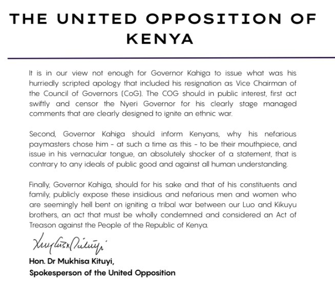 October 22, 2025

{For Immediate Release}

THE UNITED OPPOSITION REJECTS NYERI GOVERNOR MUTAHI KAHIGA'S STATEMENT AND SUBSEQUENT APOLOGY 

Hon. Dr Mukhisa Kituyi, 
Spokesperson of the United Opposition