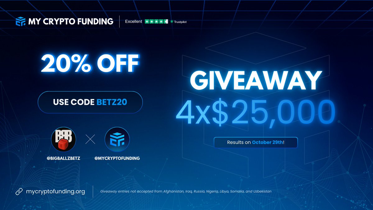 GOTHAM CITY |🦇 (@g0th4mcity) on Twitter photo TIME FOR A GIVEAWAY! ⚠️
Prizes: 4x $25,000 accounts from <a href="/MyCryptoFunding/">My Crypto Funding</a>.
How to enter:
1. Follow: <a href="/MyCryptoFunding/">My Crypto Funding</a>, <a href="/BIGBALLZBETZ/">BIGBALLZBETZ</a>, <a href="/dcp_pb/">๔ςק</a>
2. Like and repost this post
3. Tag 3 trader friends in the comments
CODE BETZ20 = 20% OFF any account
Results will be published on TIME FOR A GIVEAWAY! ⚠️
Prizes: 4x $25,000 accounts from <a href="/MyCryptoFunding/">My Crypto Funding</a>.
How to enter:
1. Follow: <a href="/MyCryptoFunding/">My Crypto Funding</a>, <a href="/BIGBALLZBETZ/">BIGBALLZBETZ</a>, <a href="/dcp_pb/">๔ςק</a>
2. Like and repost this post
3. Tag 3 trader friends in the comments
CODE BETZ20 = 20% OFF any account
Results will be published on