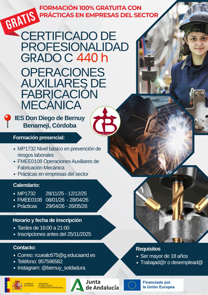 iesbernuy's tweet photo. Certificado de profesionalidad Grado C de operaciones auxiliares de fabricación mecánica que se impartirá en el IES Don Diego de Bernuy https://t.co/4W6phoXwju